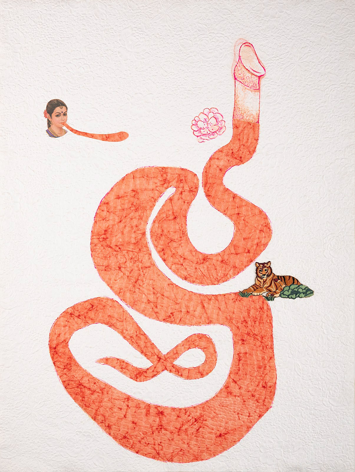 An orange toned snake or intestine-like creature with a phallic shape facing upward lies in the centre of the frame on a white texture paper. There is a smaller element of a woman on the top left side with a snakelike tongue reaching out to the phallic shape. 