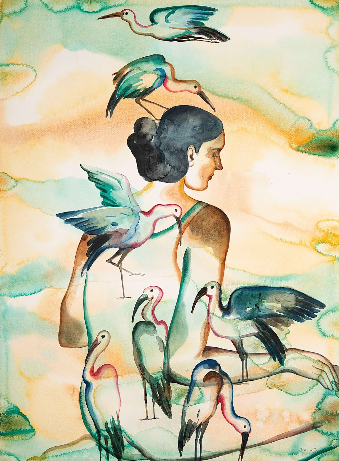A female figure is in the centre of the frame with cranes resting and flying around her. The water colour painting is in tones of green and orange. 