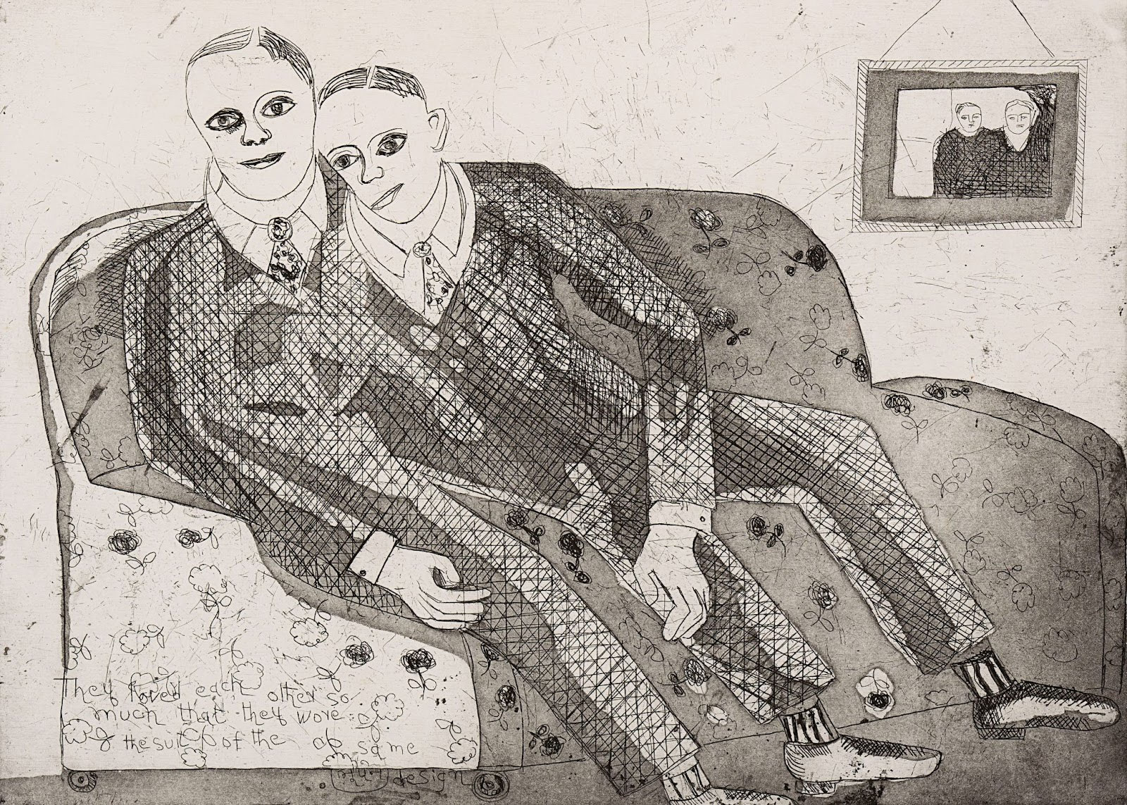 An etching of two men sitting next to each other. They are dressed in similar suits and their sameness is further emphasised by the portrait of the two of them on the wall behind. 
