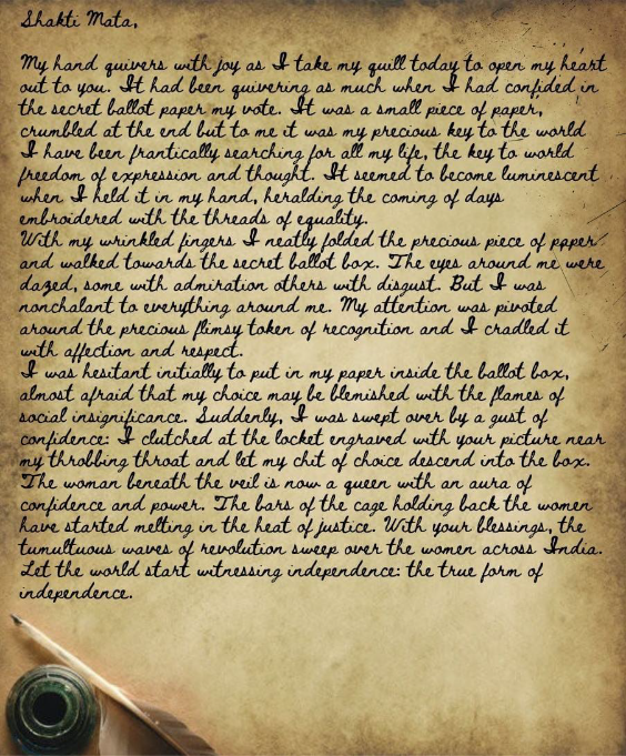 A hand-written, sepia-toned letter with an inkpot and quill at the left bottom corner.