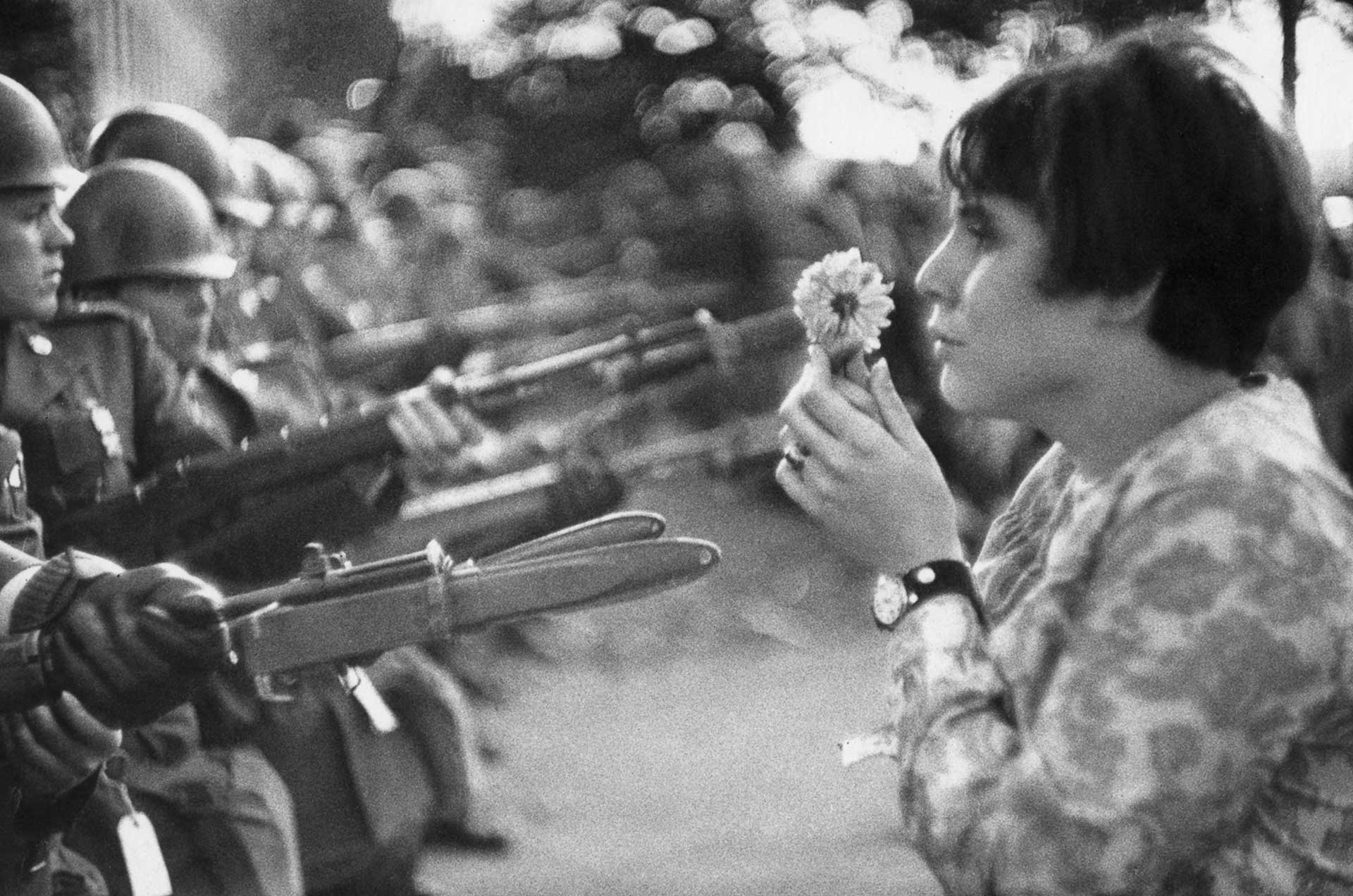 On the right, a girl in side-profile holds a chrysanthemum flower in front of her face. On the left, a line of soldiers stand in a line with their bayonets pointed at her.