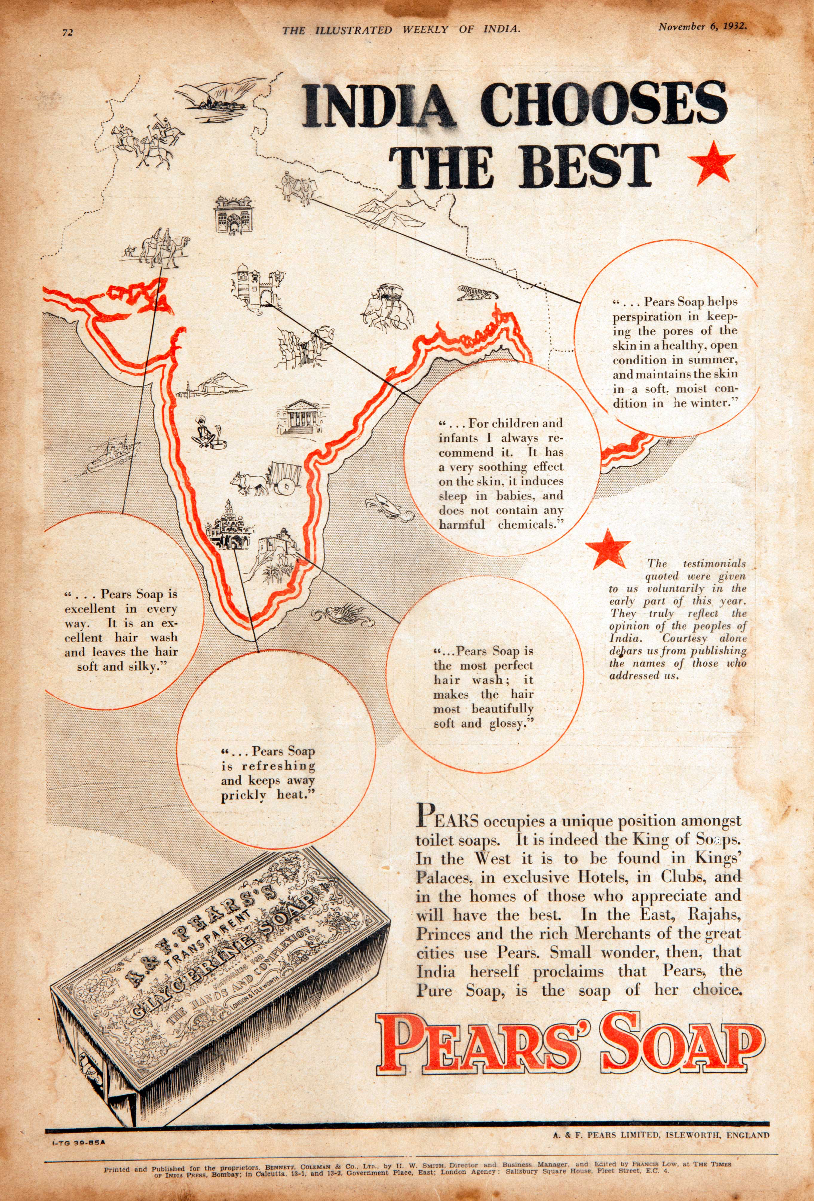 On the top is an illustrated map of India with the words “India chooses best” written in black and bold above it. Testimonials from users across the country are linked to regions highlighted on the map. There is an illustrated Pears soap bar at the bottom left. At the bottom right is promotional text, below which “Pears Soap” is written in a stylistic font in red.