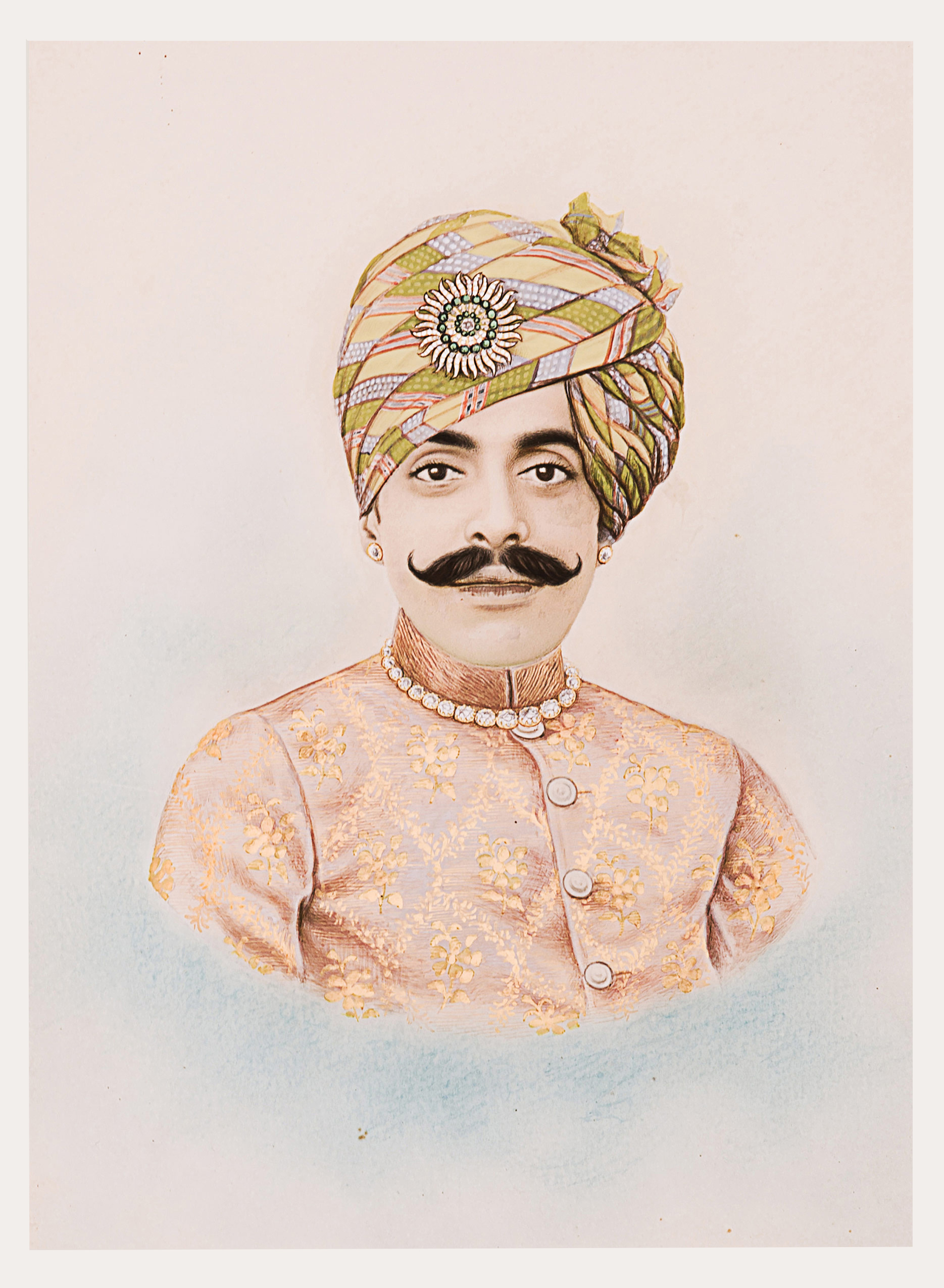 A man directly looks at us. He has a thick long moustache which is curved at the edges. He wears a high collared costume with a chain around his neck. Painted light tones of pale blue, pink and grey surround his portrait.