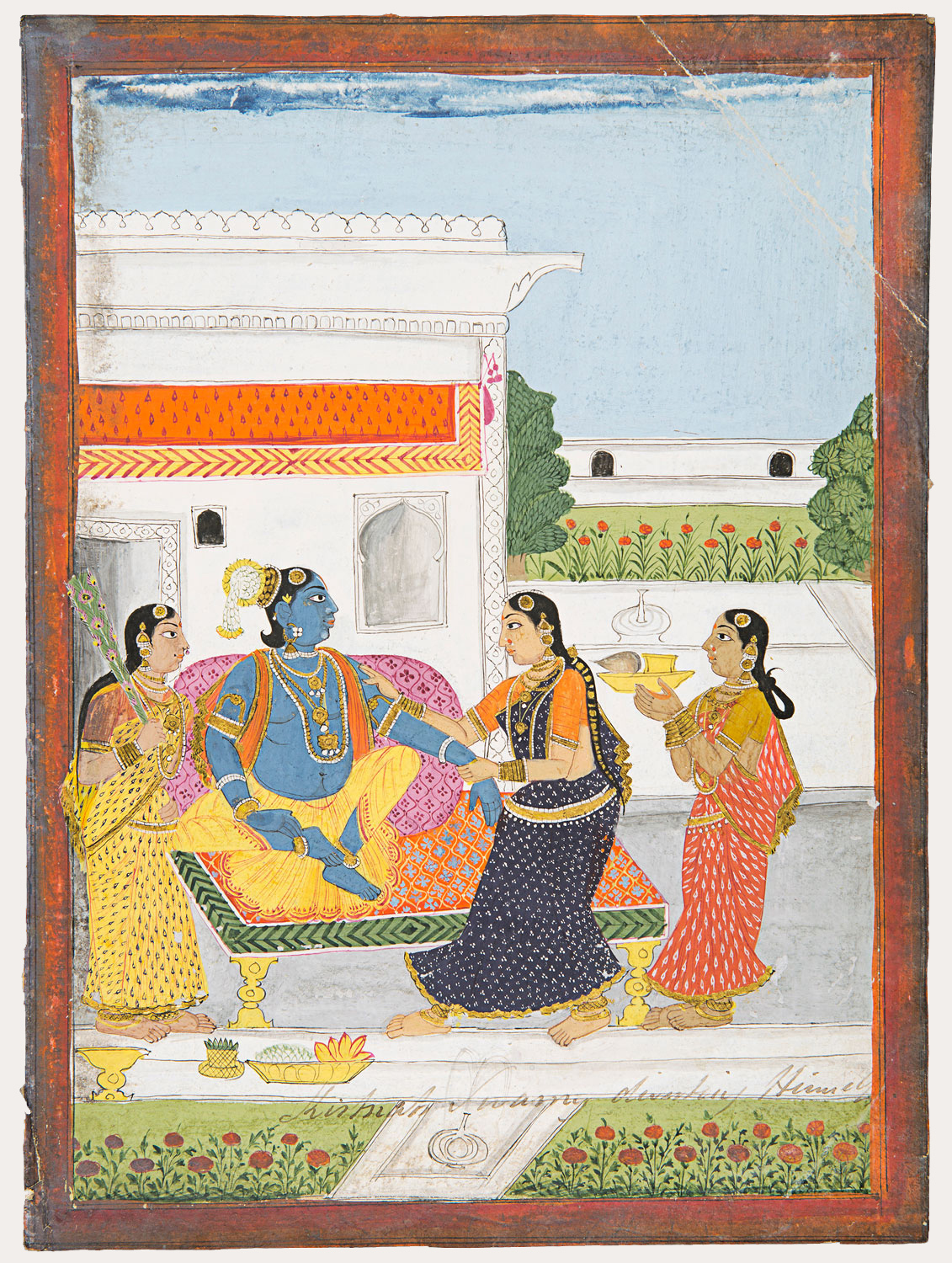 A standing woman faces sideways and holds the hand of a seated blue Krishna who looks towards her and another woman behind her. There are gold utensils of worship below them and a white architectural setting with a light blue sky behind them.