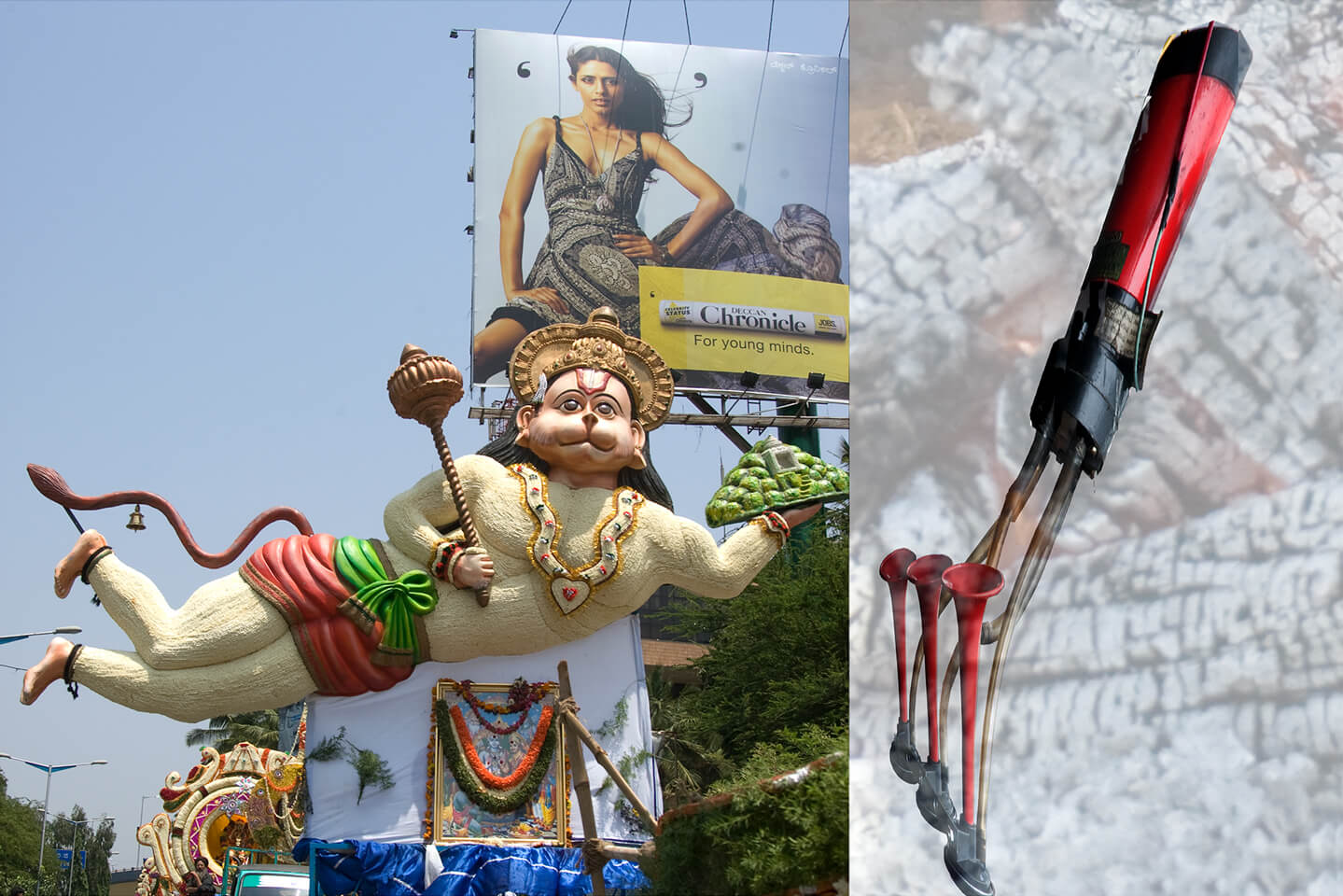A man (hanuman) floating in the air carrying mangoes and a ball pointed mace, next to it is a modified red air horn with a pixelated background of a bark.