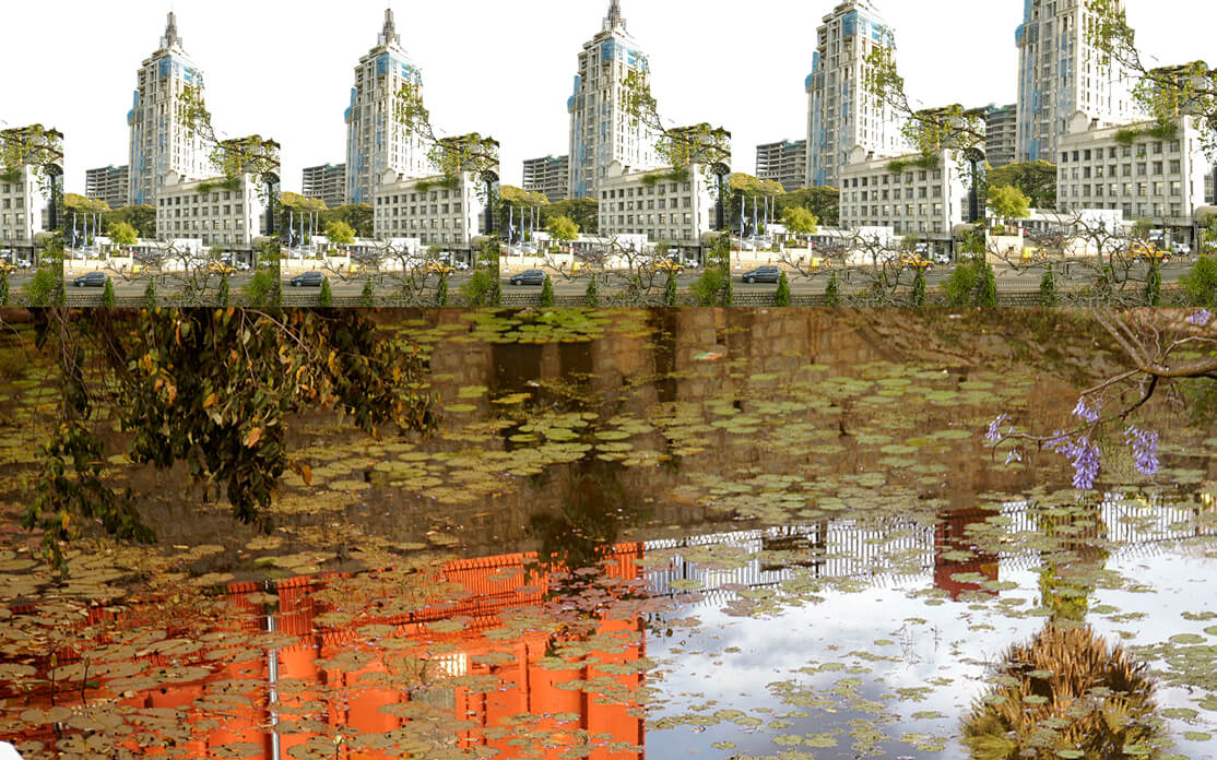 A repetition of tall white buildings, below it is a water body with a reflection of a brick red building and water plants.