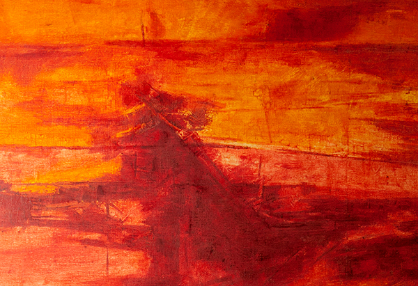 A gradation of red, yellow, maroon and orange blurry spaces merge into each other.