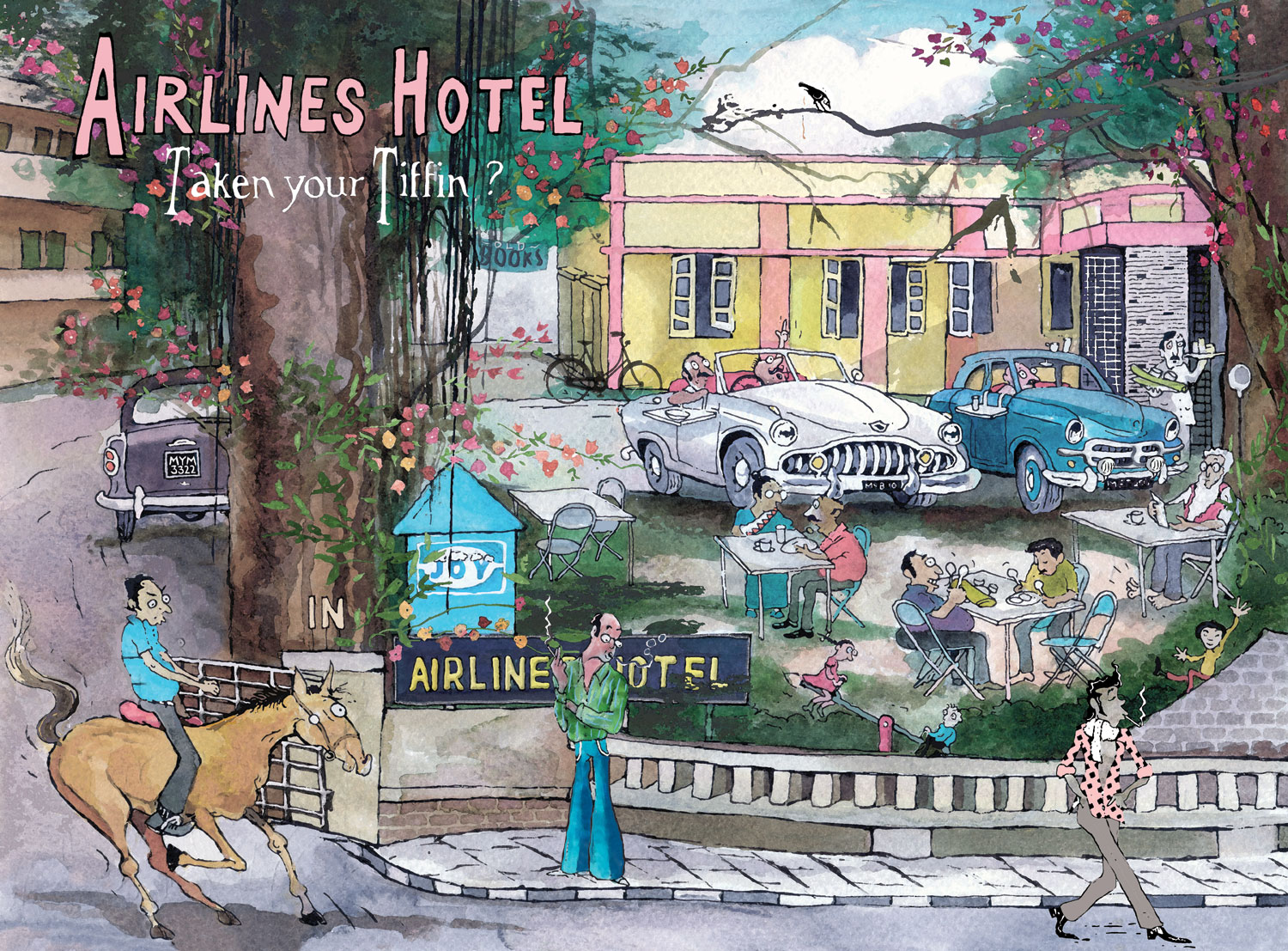 Airlines hotel is written in the top left. background has yellow and pink building, two cars white and blue with people seated at tables ahead of the car. There are three men one on a horse (l), one smoking in front of a sign(m) and a man walking in a polka dotted shirt and smoking(r).