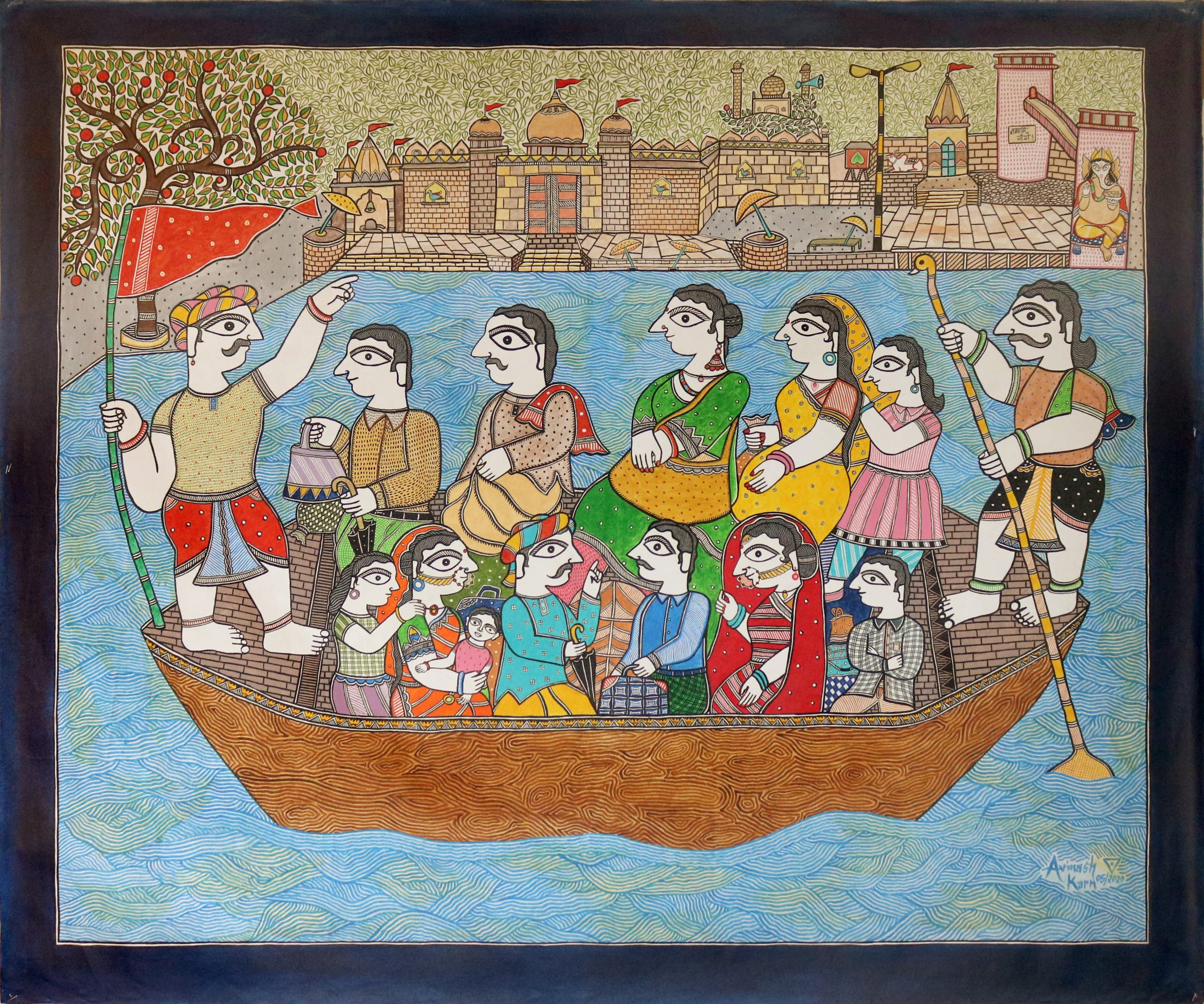Brown boat on water against a fort or palace. A man with a flag (l), a man with an oar (r) and 12 passengers. There are 3 women and 4 men, one baby and three children.