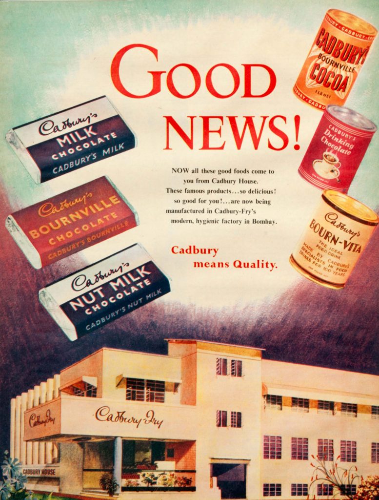A pale yellow ṁbuilding with “Good News!” and “Cadbury means Quality” written in bold above it. Chocolate mini bars, cocoa and bournvita tins floating all around.