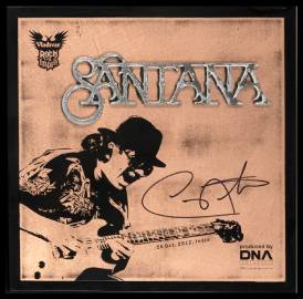 A black and brown digitally altered image of Santana playing the guitar with a silver santana logo above it.