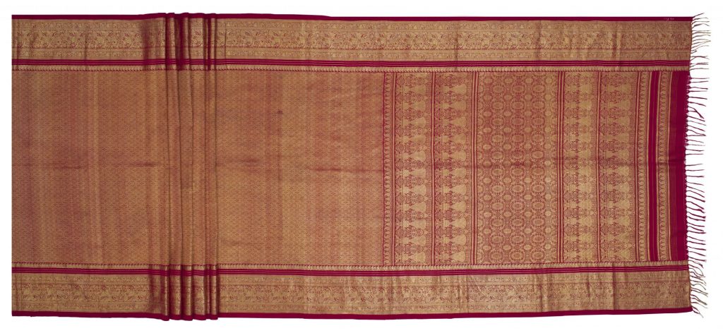 Kanchipuram Sari, 20th century, silk, gilt metal, TXT.01093. A vintage temple sari that Radhika’s dad purchased for her when she was a teenager.