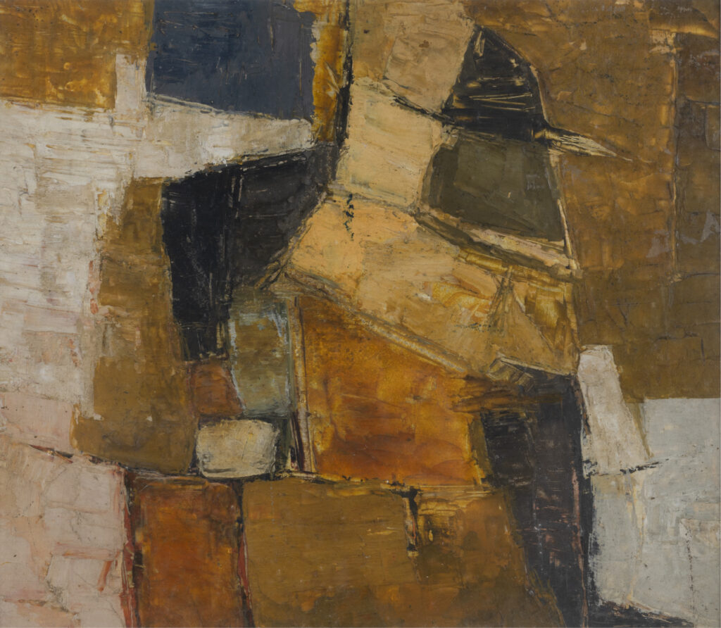 An abstract artwork which is square in dimension and composed of patches of black, umber, off-white on an ochre space