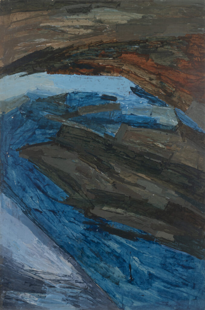 An abstract artwork that is primarily filled with swirling brushstrokes of light and dark blue, black, and small patches of rust-grey