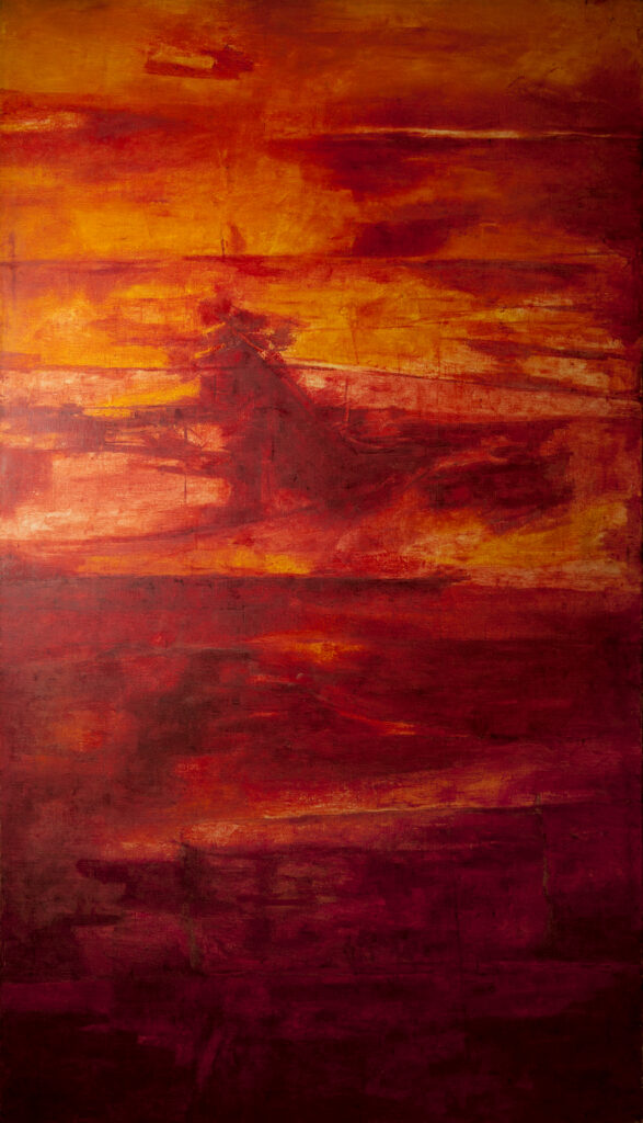 Abstract artwork which is a vertical composition of red interspersed with some patches of orange-yellow in the top third of the painting